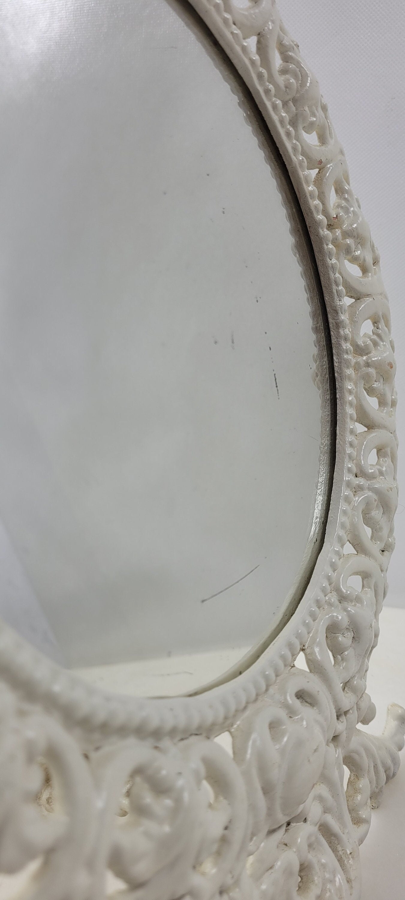 Vintage BMIC Cast Iron Rococo Vanity Mirror, White Enamel Scrollwork Frame - 7