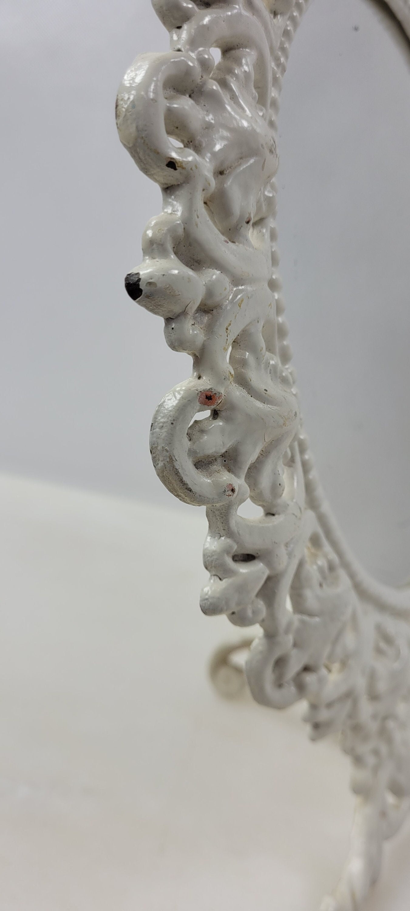 Vintage BMIC Cast Iron Rococo Vanity Mirror, White Enamel Scrollwork Frame - 9