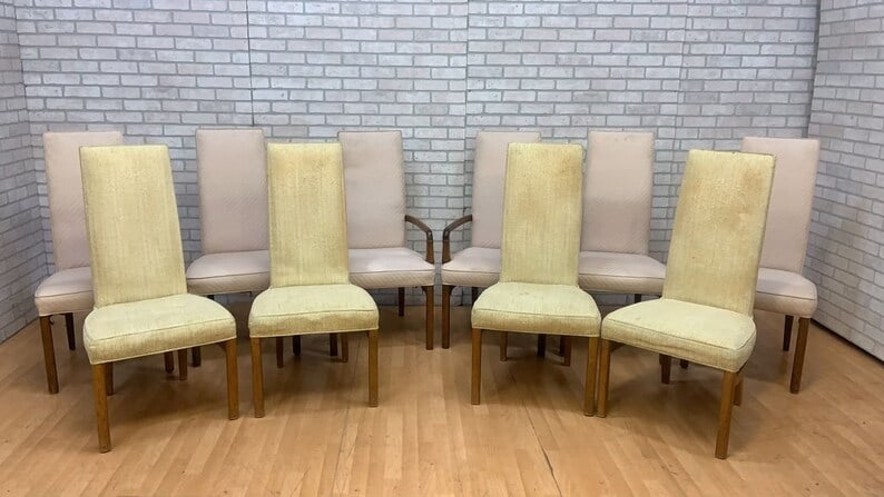 Mid Century Modern Drexel Heritage Campaign Style High Back Dining Chairs for Upholstery - Set of 10: Mid Century Modern Drexel Heritage Campaign Style High Back Walnut Dining Chairs For Upholstery - Set of 10 Featuring 10 mid century modern walnut dining chairs made by Drexel Heritage. There are 2 ar