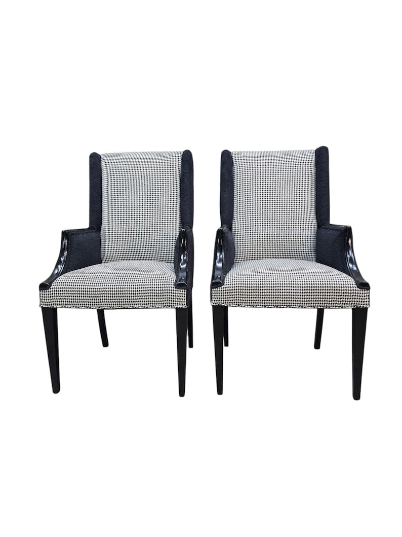 Vintage Lounge Chairs Newly Reupholstered - Pair: Thank you Vintage Lounge Chairs Newly Reupholstered in Black and White Houndstooth with Black Alpaca Blend Fabric in the Back and Black Patten Leather on the Arms - Pair Striking pair of vintage