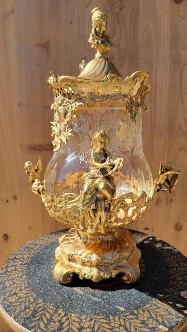 Antique French Gilt Bronze Ormolu Mounted Crystal Punch Bowl and Ladle (1 of 8)