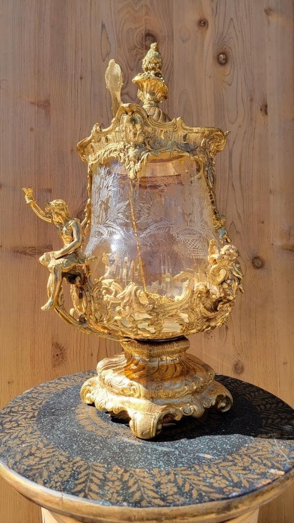Antique French Gilt Bronze Ormolu Mounted Crystal Punch Bowl and Ladle - 3