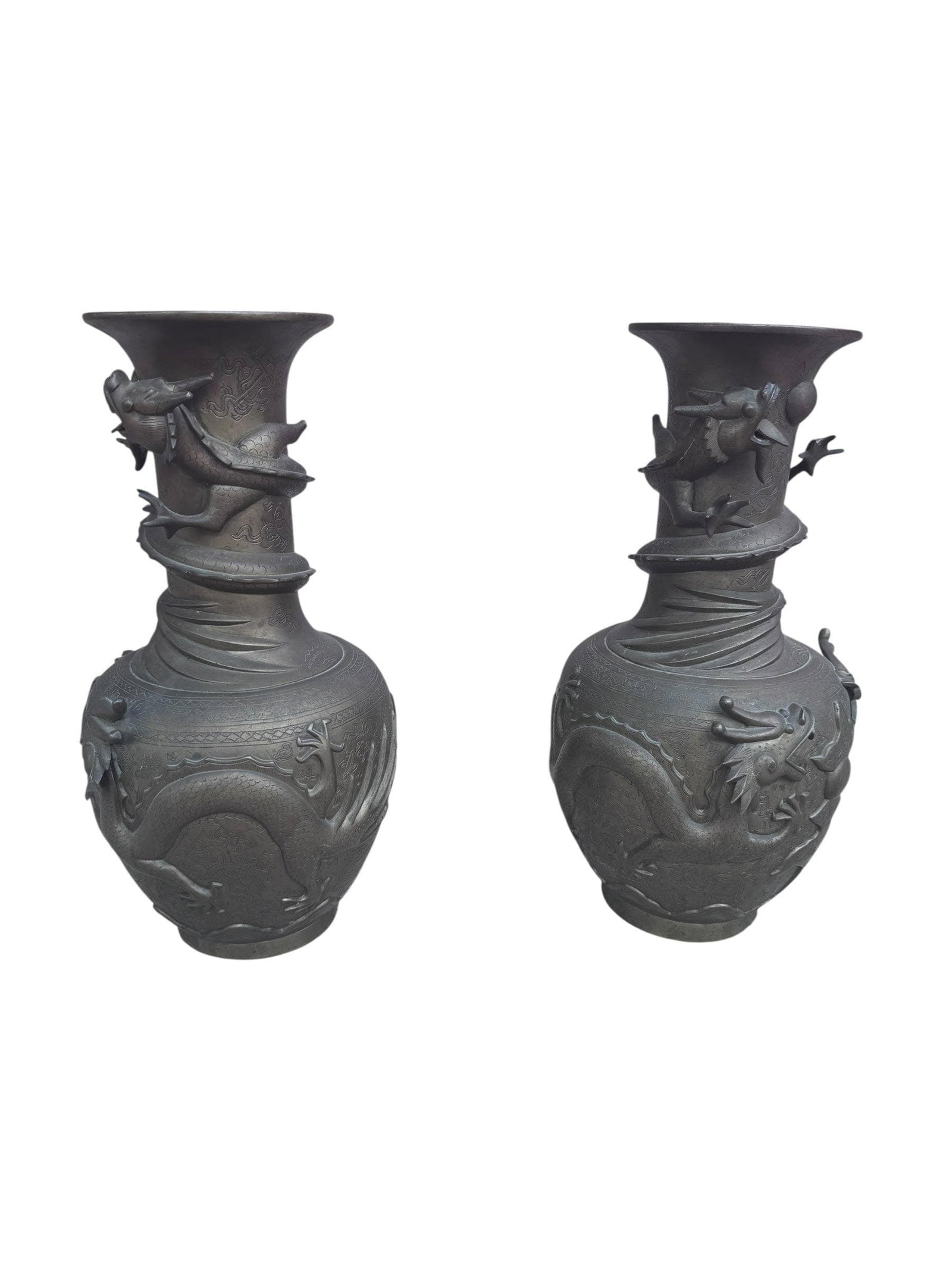 Antique Signed Asian Bronze Dragon Vase - Pair - 2