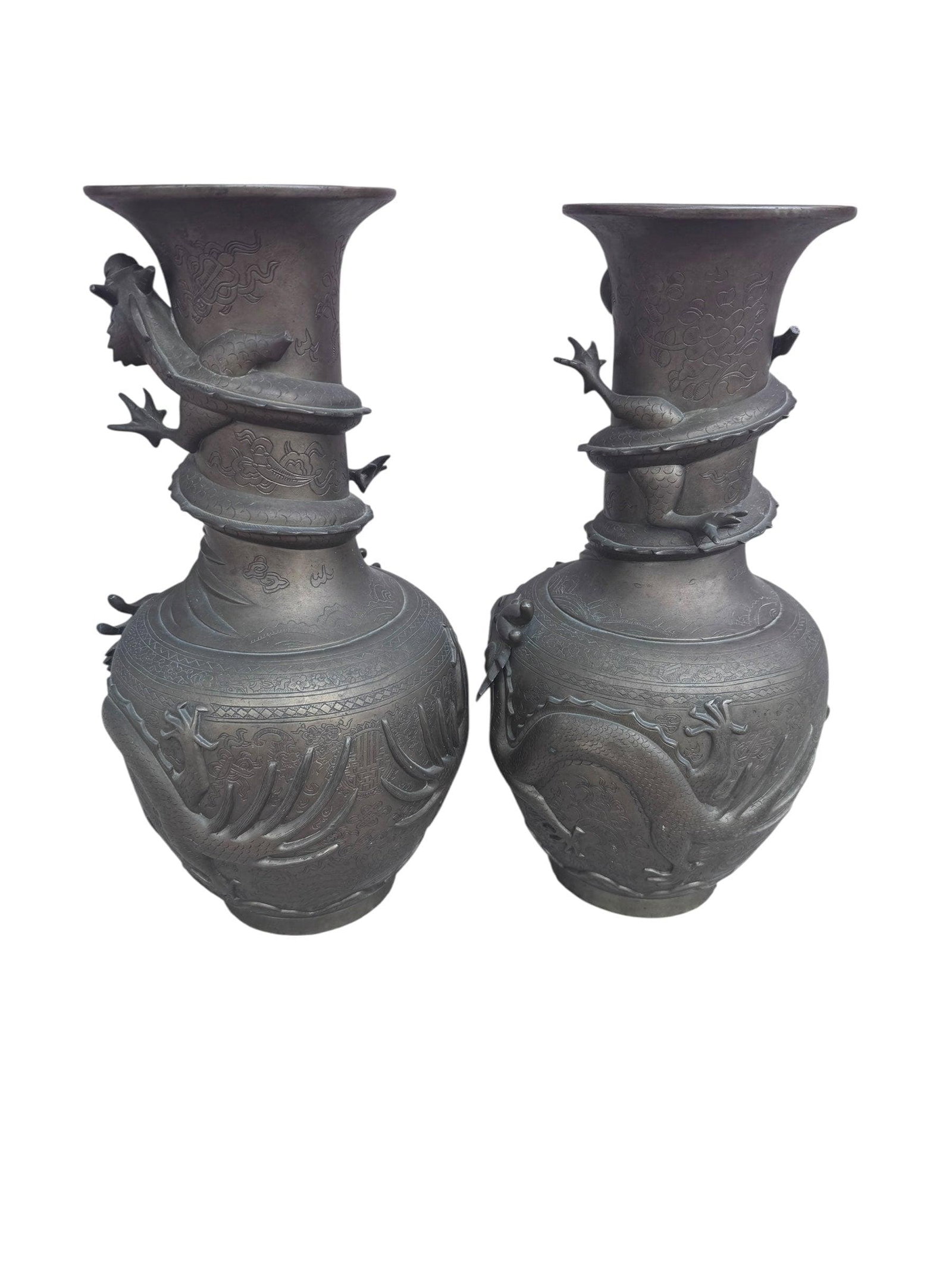 Antique Signed Asian Bronze Dragon Vase - Pair - 5