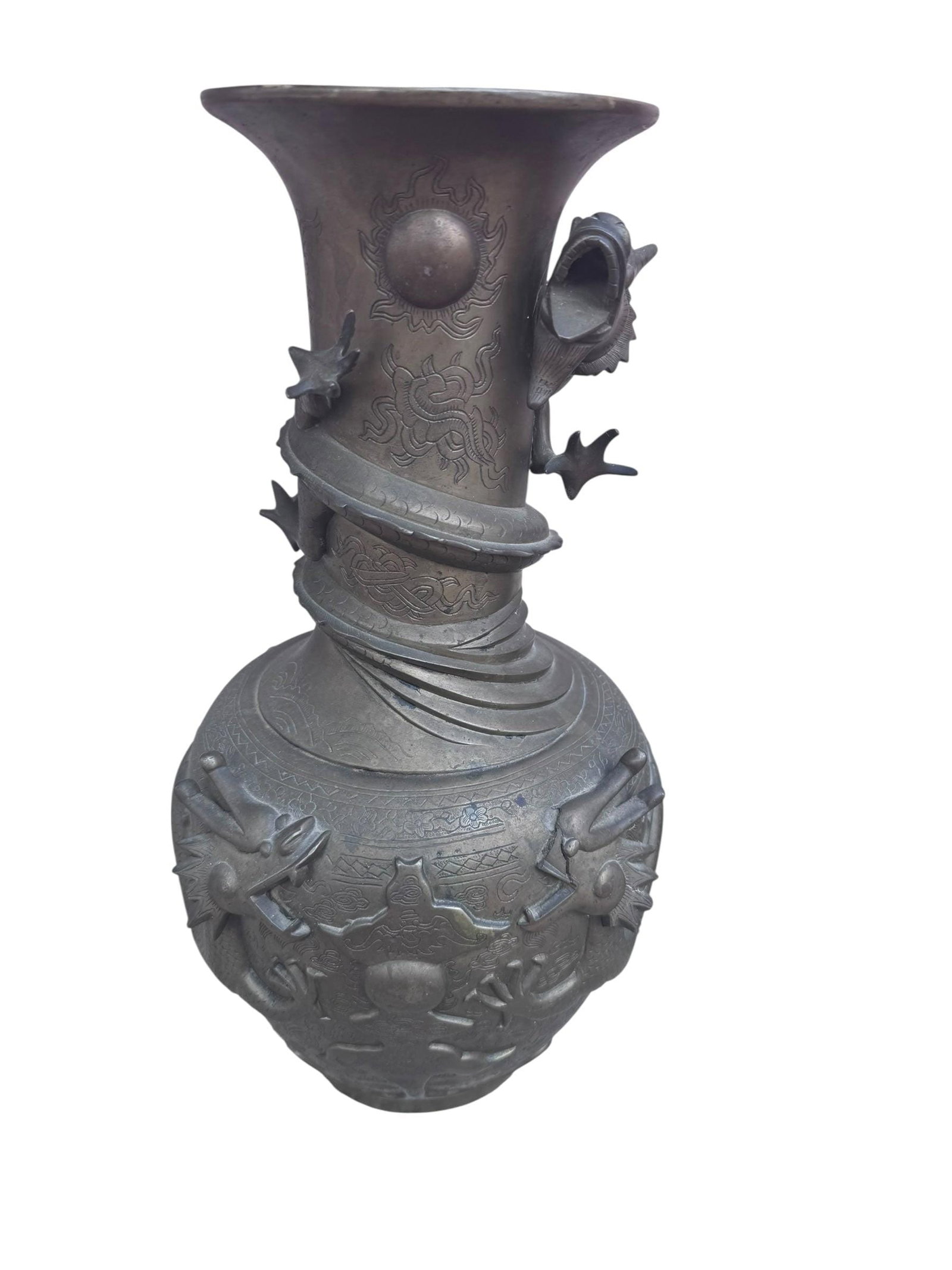 Antique Signed Asian Bronze Dragon Vase - Pair - 6