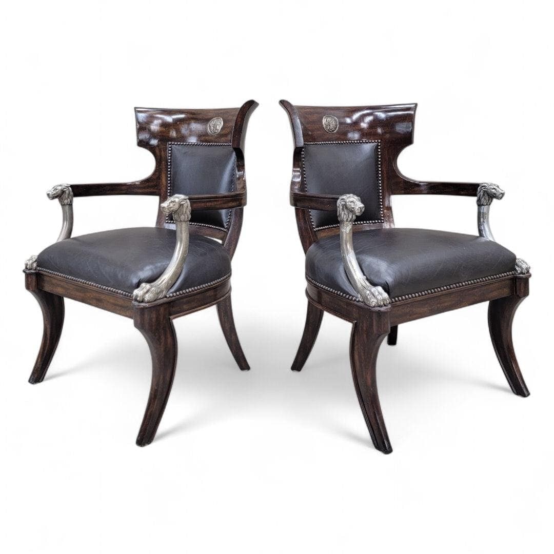 Vintage George IV English Regency Styled Leather Armchairs with Metal Lion Head Arms - 2