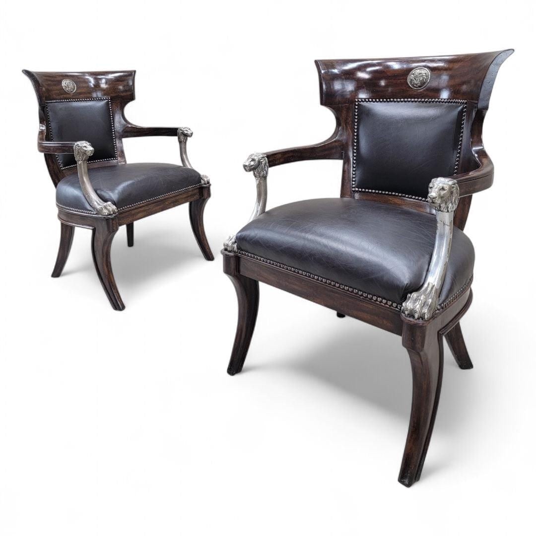 Vintage George IV English Regency Styled Leather Armchairs with Metal Lion Head Arms - 5