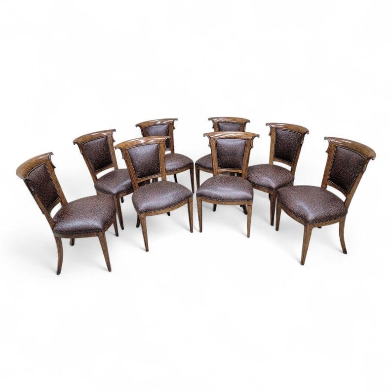 English Regency Styled Ash Wood Leather Upholstered Nail Head Trim Dining Chairs - Set of 8 (1 of 8)