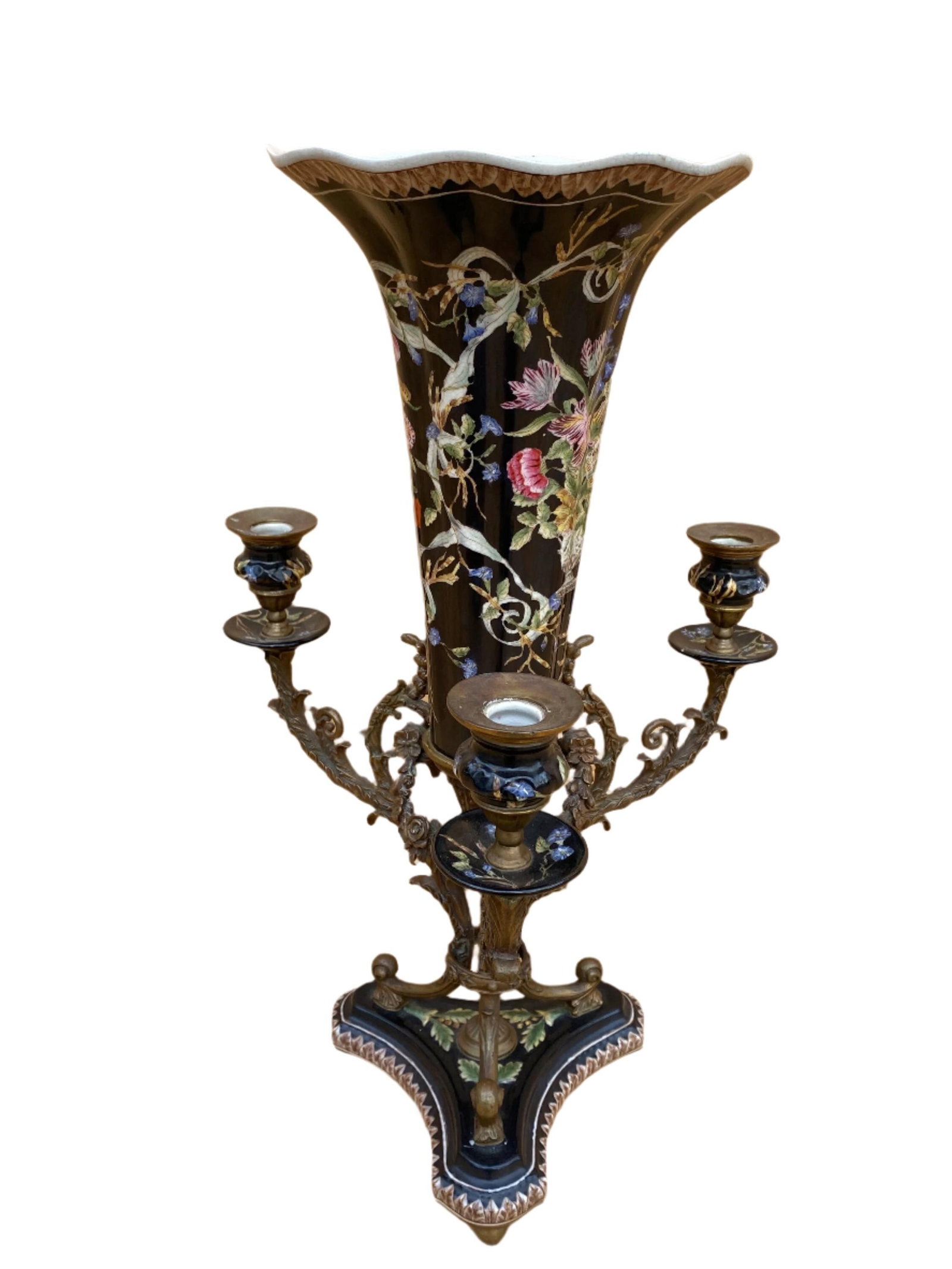 Antique French Porcelain Flower Vase with Brass Candelabra - 2