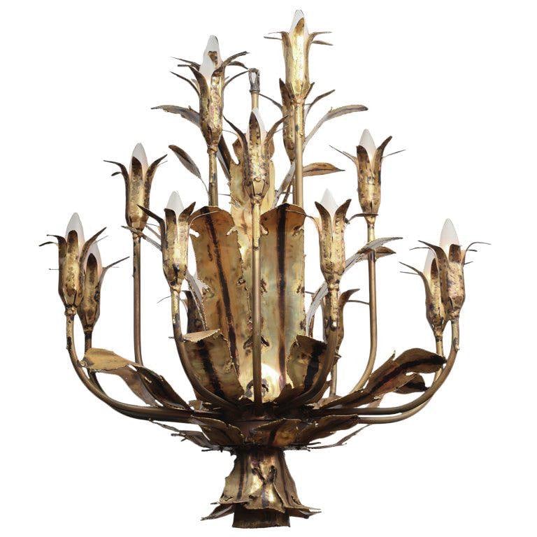 MCM Brutalist Style Torched Brass Chandelier by Tom Greene - 2