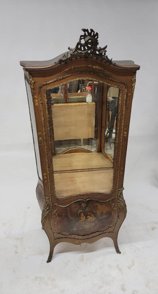 Antique French Vernis Martin Hand Painted Ormolu Mounted Bombe Display Vitrine Cabinet - 2