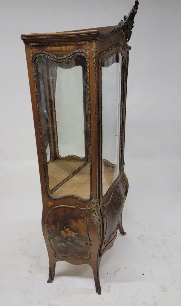 Antique French Vernis Martin Hand Painted Ormolu Mounted Bombe Display Vitrine Cabinet - 3