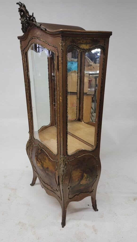 Antique French Vernis Martin Hand Painted Ormolu Mounted Bombe Display Vitrine Cabinet - 4