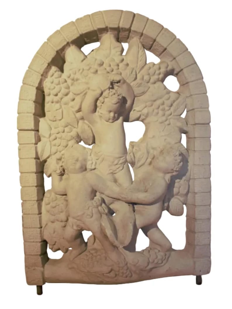 Vintage Arched Cherub Wine Harvest Wall Plaque Wall Decor Indoor Outdoor: Antique Arched Cherub Wine Harvest Wall Plaque A beautiful piece to add to your garden. Circa Early 20th Century Dimensions H 34" D 4" W 24" CONDITION: Please be aware that all items are used/vintage/