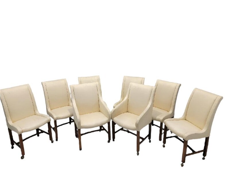 Art Deco Dining Chairs by Baker Furniture Co - 8: Vintage Art Deco Dining Chairs on Casters by Baker Furniture Company for Reupholstery - Set of 8 This set of eight high-back dining chairs maintain their original upholstery. They have been built on