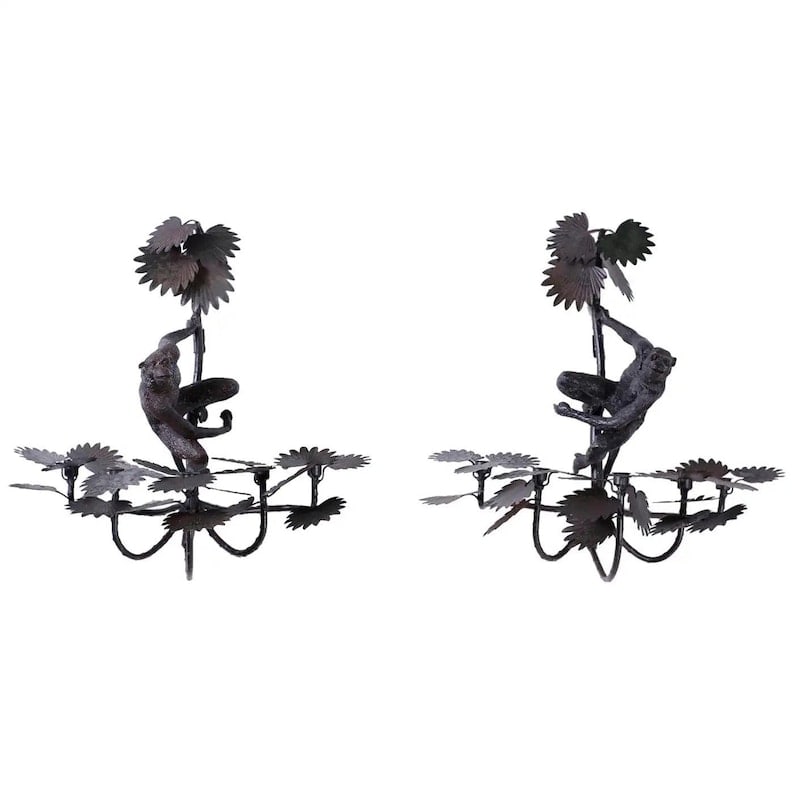 Hollywood Regency Italian Monkey Palm Wall Sconces - Pair: Hollywood Regency Italian Cast Iron Monkey Palm Wall Sconces - Pair Dramatic pair of Hollywood Regency Italian wall sconces crafted in cast iron, each featuring a playful swinging monkey amid lush