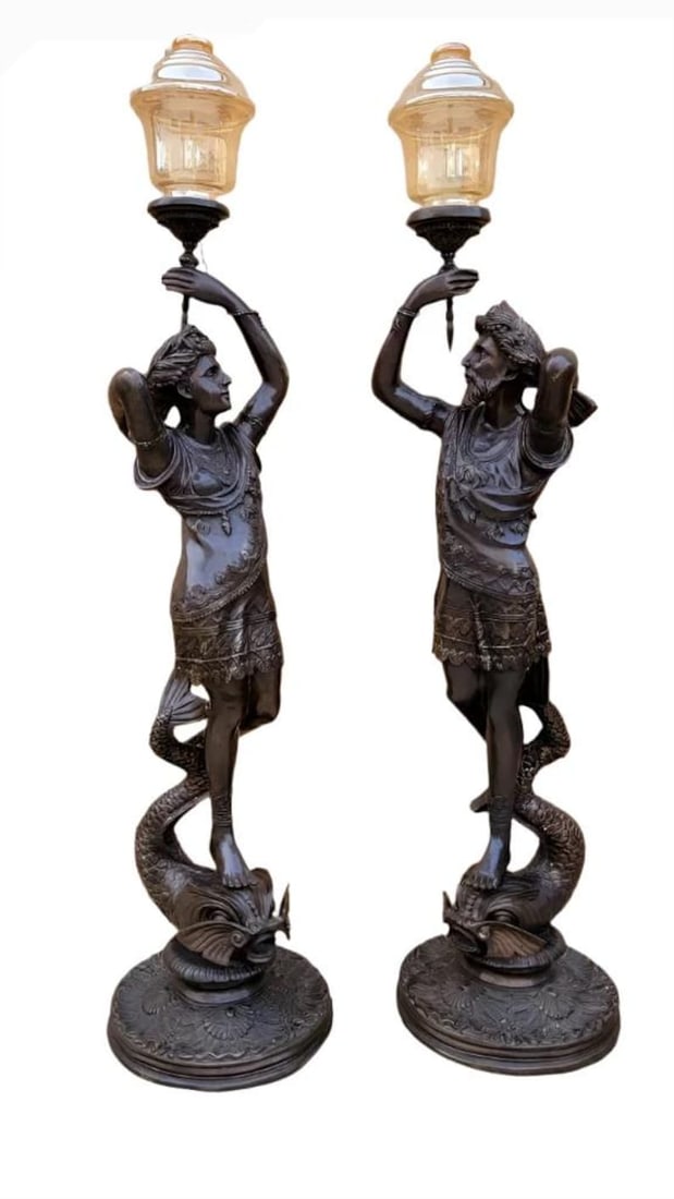 Antique Bronze Patinated Male & Female Floor Lamps - Set of 2: Antique Finely Detailed Male & Female Set of Bronze Patinated Electrified Floor Lamps - Set of 2 These are exquisite, antique intricately detailed patinated tall bronze sculpted male & female