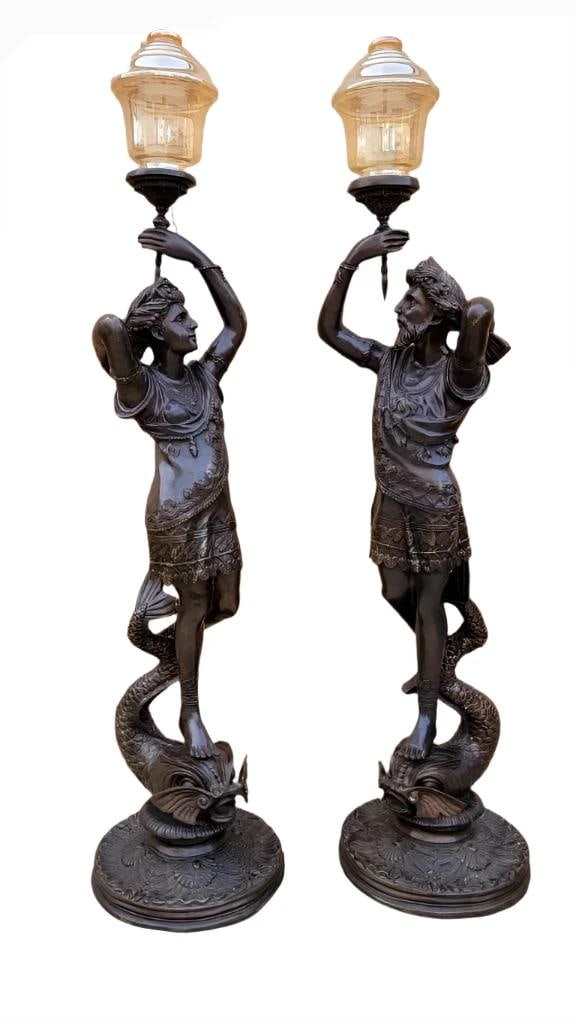 Antique Bronze Patinated Male & Female Floor Lamps - Set of 2 - 2
