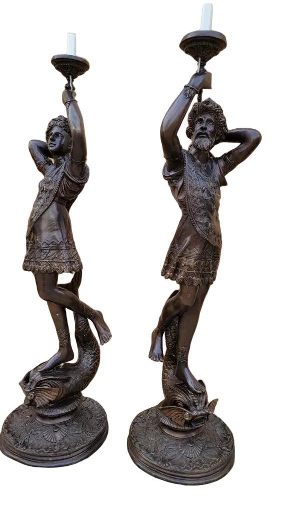 Antique Bronze Patinated Male & Female Floor Lamps - Set of 2 - 3