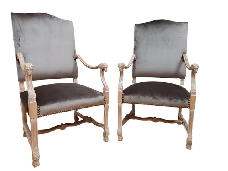 Antique French Figural Chairs Newly Reupholstered - Pair: Antique French Carved Fogural Armchairs Newly Reupholstered in a High End "Rose Pewter" Silk Velvet and Trimmed with Large Antiqued Brass Nailheads - Pair Circa Early 20th Century Dimensions H 45"W