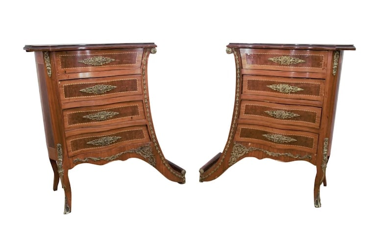 Vintage French Renaissance Revival Flared Legs Side Cabinets - Pair: Vintage French Renaissance Revival Flared Legs Cabinets - Pair This charming pair of 4 drawer cabinets have lovely inlay, cross-banding and some generously shaped ormolu mounds, escutcheons and