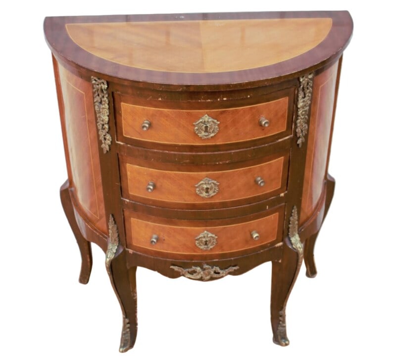 Vintage French Louis XVI Style 3-Drawer Marquetry Ormolu Cabinet: Vintage French Louis XVI Style 3-Drawer Marquetry Ormolu Cabinet Elevate your interior with this elegant Vintage French Louis XVI Style Cabinet, beautifully crafted with three smooth-gliding drawers,