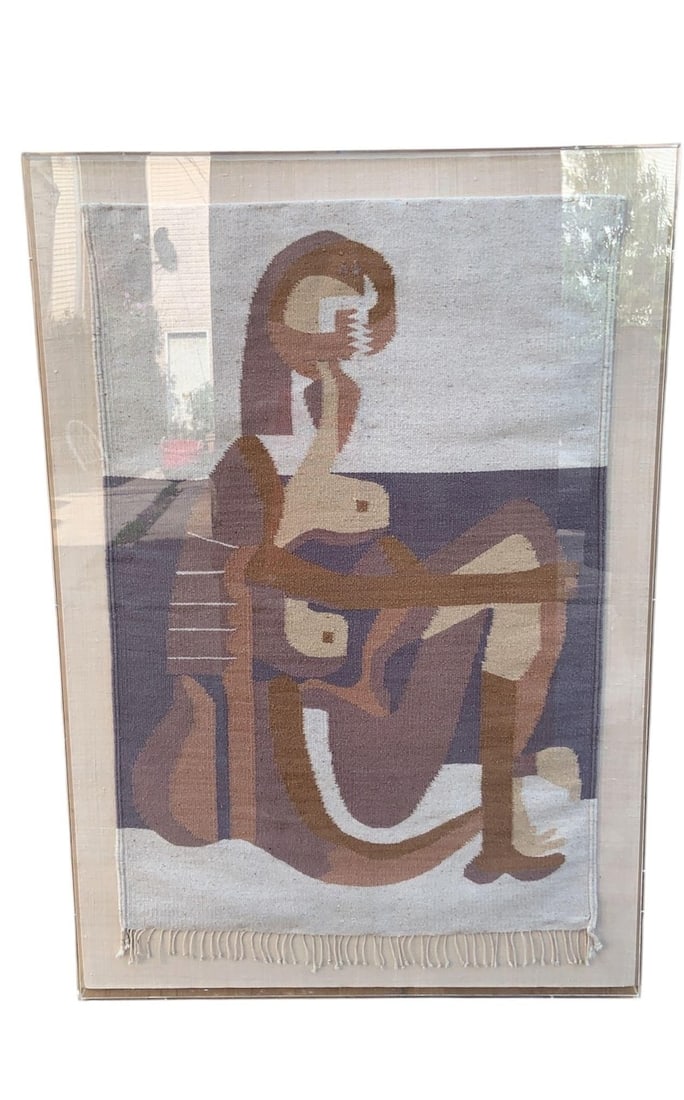 Vintage Boho Pablo Picasso's Seated Bather Wall Hanging Tapestry in Acrylic Case: Vintage Boho Hand Woven Pablo Picasso's Seated Bather Wall Hanging Tapestry in Acrylic Case This is a beautiful vintage boho vibe handmade woven tapestry that has been professionally places in an