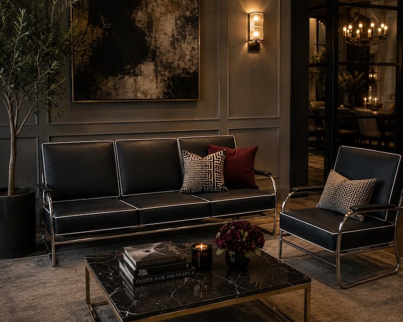 Art Deco Tubular Sofa & Lounge Chair by Kem Weber Newly Reupholstered: Art Deco Chrome Tubular Sofa & Lounge Chair Set in Black Leather - Set of 2 This exquisite Art Deco sofa and lounge chair set designed by Kem Weber showcases the iconic streamline moderne style