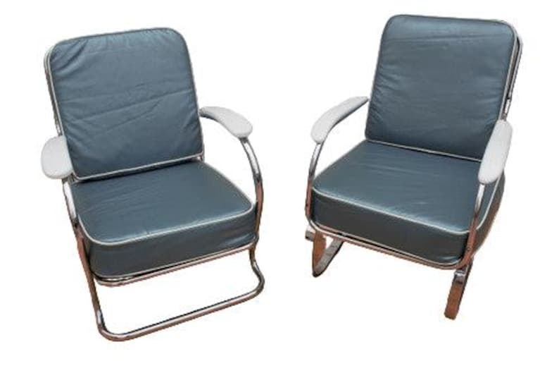 Art Deco KEM Weber Springer Tubular Chairs Newly Reupholstered - Set of 2: Art Deco KEM Weber for LLoyd Manufacturing Company Springer Tubular and Flat Bar Chairs Newly Reupholstered in High End Edelman Luster “Pond-Teal” Leather with White Trim Lounge - Set of