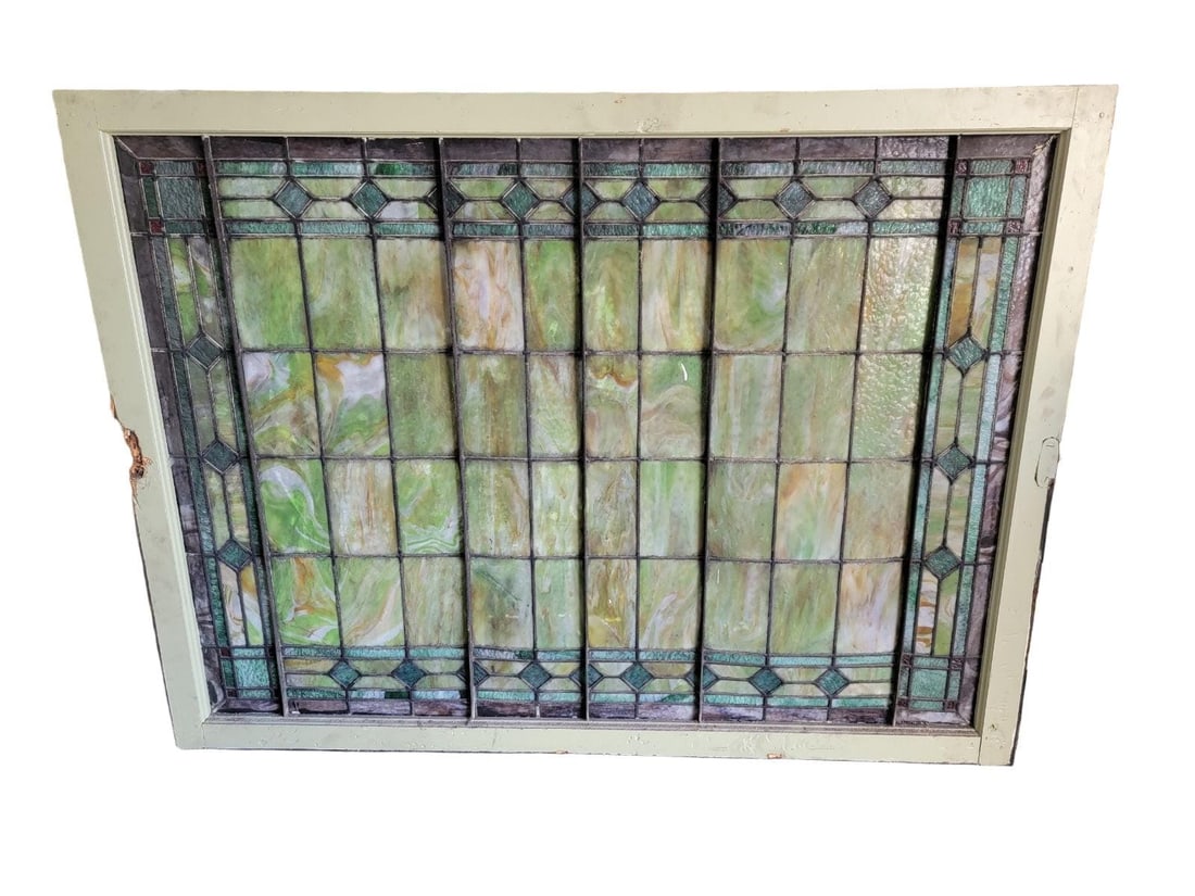 Antique Tiffany Style Salvaged Green Upper Transom Stained Glass Windows - Pair - 4