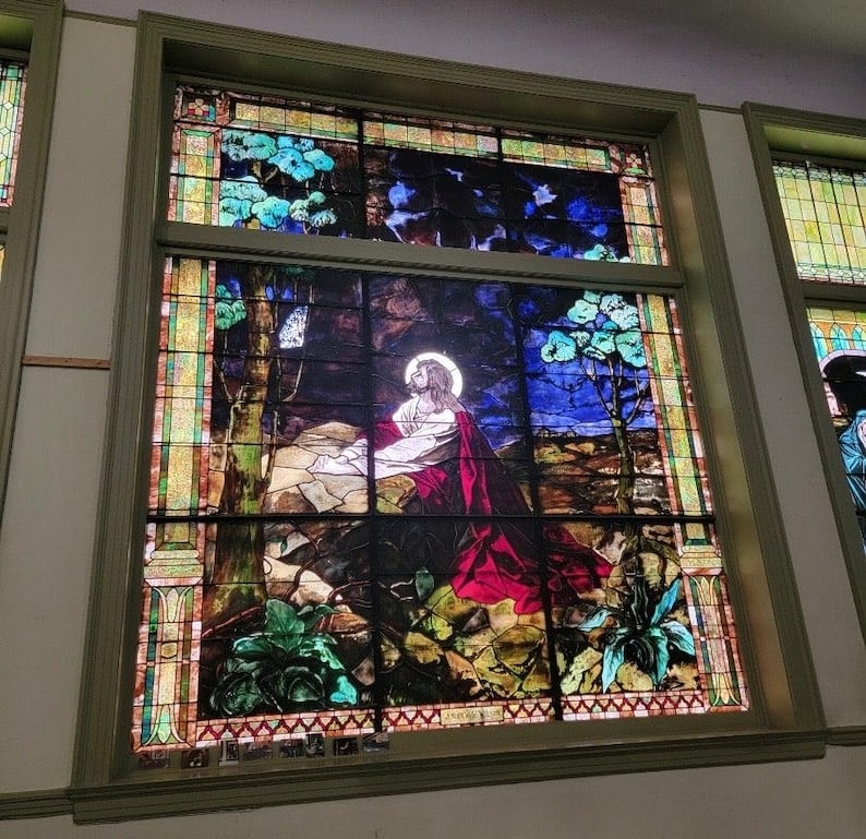 Antique Monumental Tiffany Style 2 Section Gethsemane Salvaged Stained Glass Window: Antique Monumental Tiffany Style 2 Section Gethsemane Salvaged Chicago Church Stained Glass Window Circa Late 1800’s Dimensions 11.5 Feet x 14 Feet CONDITION: Please be aware that all items are