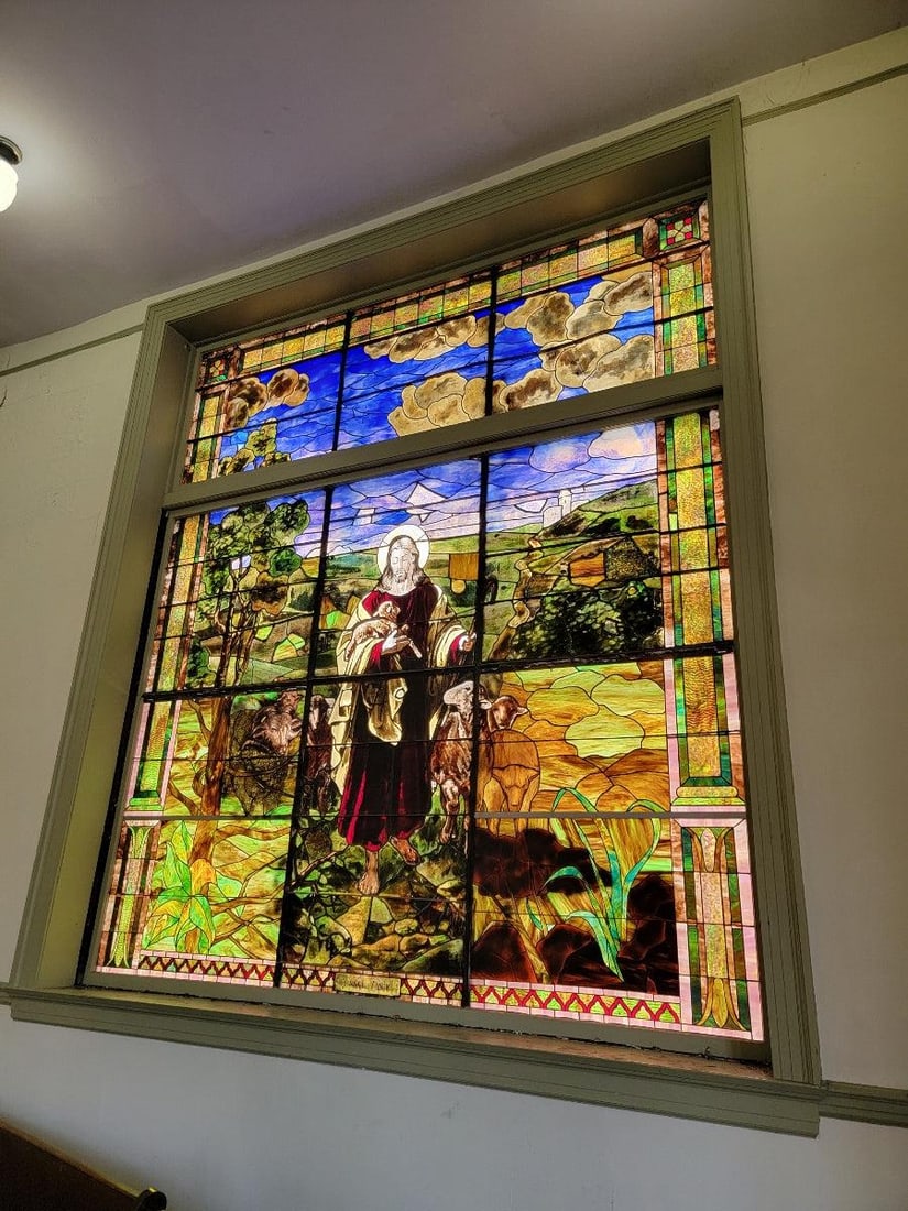 Antique Monumental Tiffany Style Good Sheppard Salvaged Stained Glass Window - 3