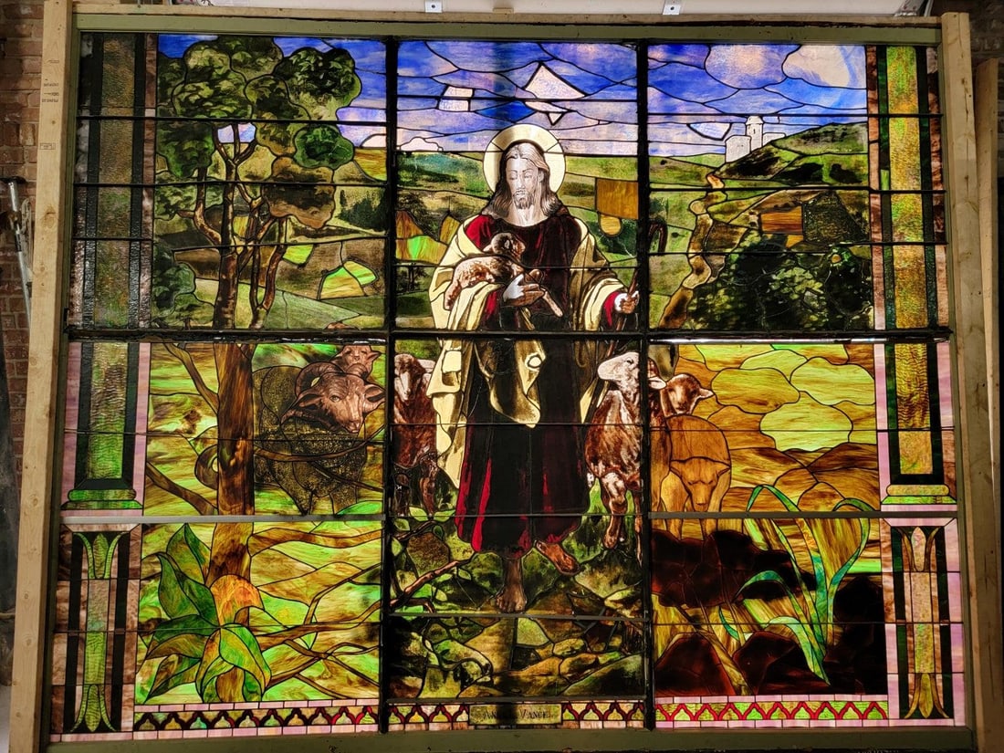 Antique Monumental Tiffany Style Good Sheppard Salvaged Stained Glass Window - 6