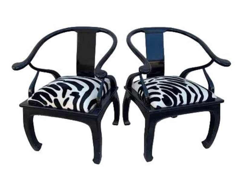 Hollywood Regency James Mont Style Horseshoe Chairs Newly Reupholstered - Pair: Hollywood Regency James Mont Style for Bernhardt Ebonized Lacquer Horseshoe Frame Chairs Newly Reupholstered in Zebra Print Cowhide - Pair These armchairs have been upholstered in a matching zebra