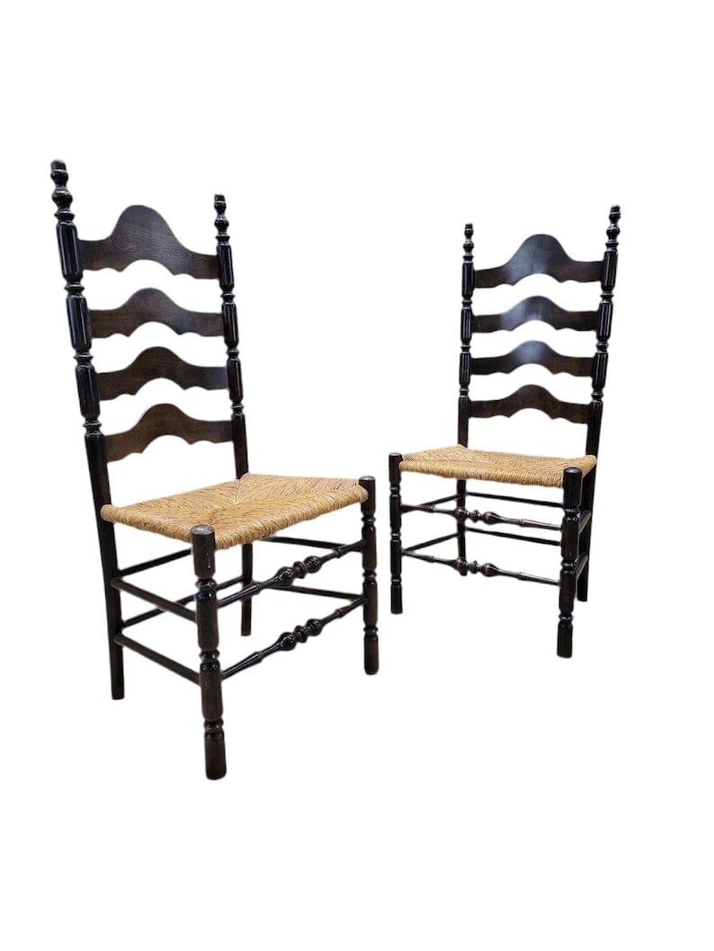 Vintage French Country Style Ladder Back Side Chairs - Pair: Vintage French Country Style Ladder Back Rush Seat Side Chairs - Pair This pair of vintage French country style ladder back side chairs features elegantly designed high seat backs made from darkened