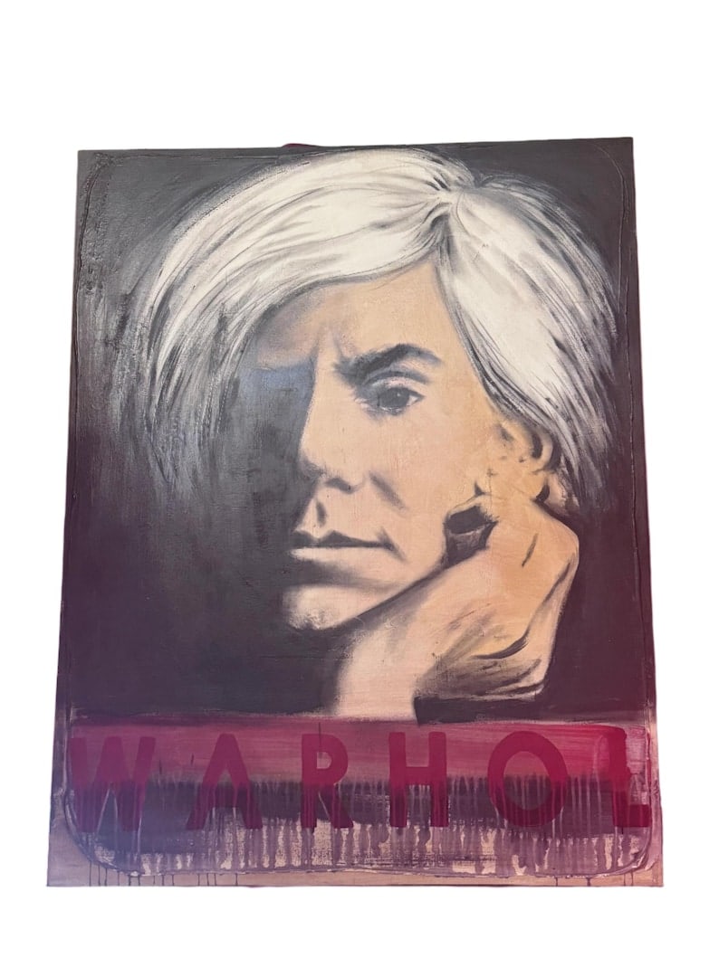 Vintage Oil Painting of Andy Warhol: Vintage Oil Painting of Andy Warhol on Canvas Decorate your wall with an oversized painting of a brooding Andy Warhol. Circa 1940 Dimensions H 55" W 43" D 3" Good Vintage Condition CONDITION: Please