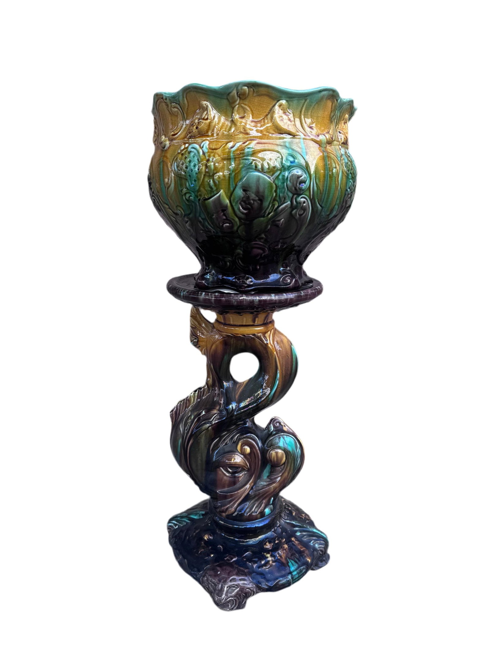 Vintage Weller Majolica Pottery Jardiniere and Pedestal Set - 6