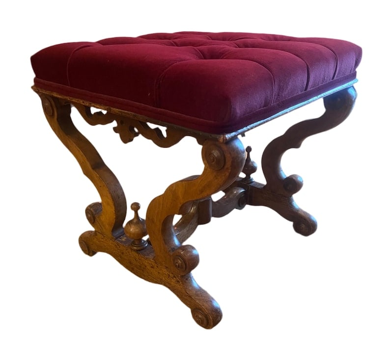 Antique Tufted Ottoman Newly Reupholstered: Thank you Antique Carved Ornate Tufted Ottoman Newly Upholstered Reupholstered in a Burgundy Velvet Perfect for additional seating or as a stylish accent piece, this ottoman combines functionality
