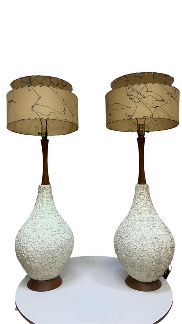 MCM Teak Popcorn Table Lamps - Pair: Mid Century Modern Teak Popcorn Base Table Lamps - Pair This very cool pair of large table lamps from the 1950s are constructed out of teak and plaster to create the popcorn texture on the lamps.