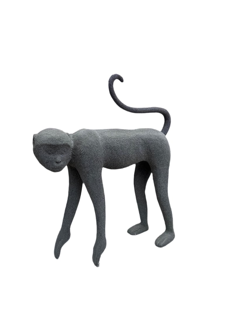 MCM Crouching Monkey Sculpture: Mid Century Modern Crouching Monkey Sculpture This large 1980s crouching monkey sculpture in grey is a striking representation of Pop Art from the era, blending playfulness and artistic craftsmanship