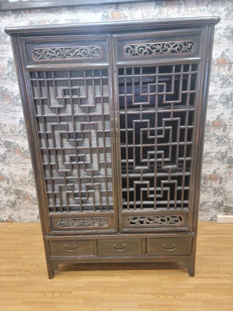 Antique Shanxi Elm Cabinet with Lattice Carvings (1 of 8)