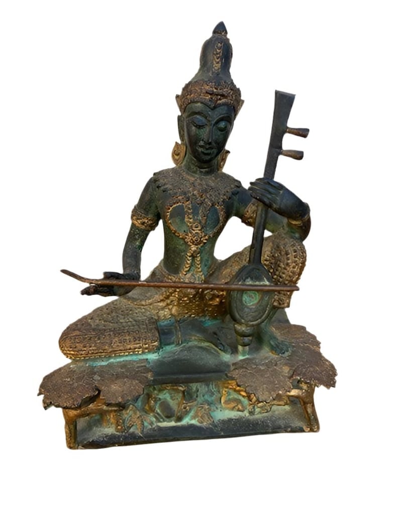 Antique Thai Prince Musician Bronze: Antique Thai Prince Musician Gilded Bronze Statue Mandolin Music Player Beautiful antique statue of a Thai prince playing a mandolin. Made of bronze in green and gold. Circa Mid 20th Century Dimension