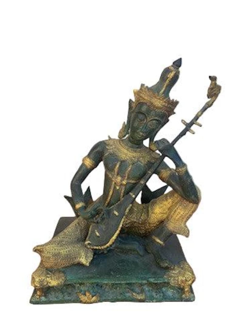Antique Thai Prince Musician Bronze Statue: Antique Thai Prince Musician Gilded Bronze Statue Mandolin Music Player Charming antique Thai figural sculpture depicting a princely musician playing a mandolin. Crafted in bronze with a rich green an