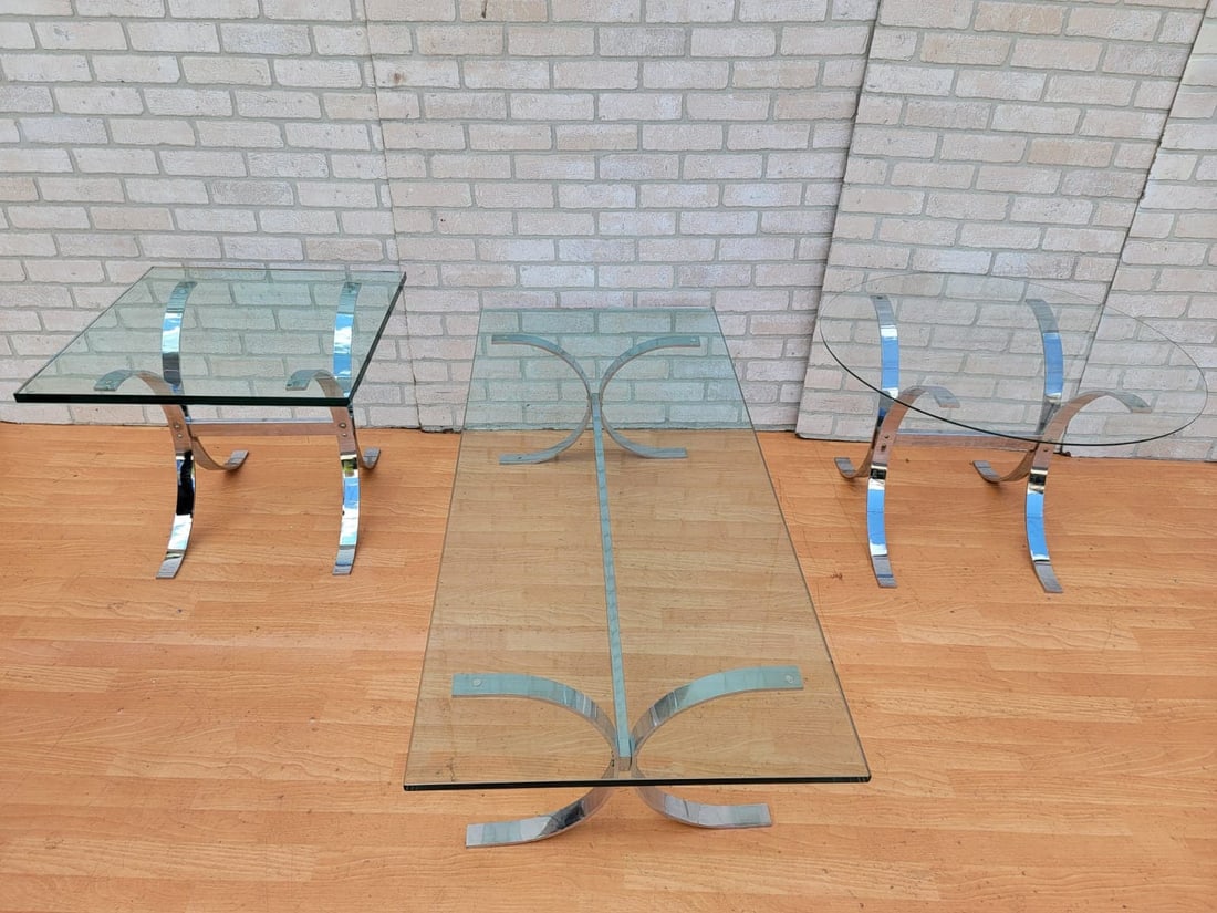 Mid Century Modern Rectangular Chrome Coffee Table and Two Side Tables - 3 Piece Set - 3