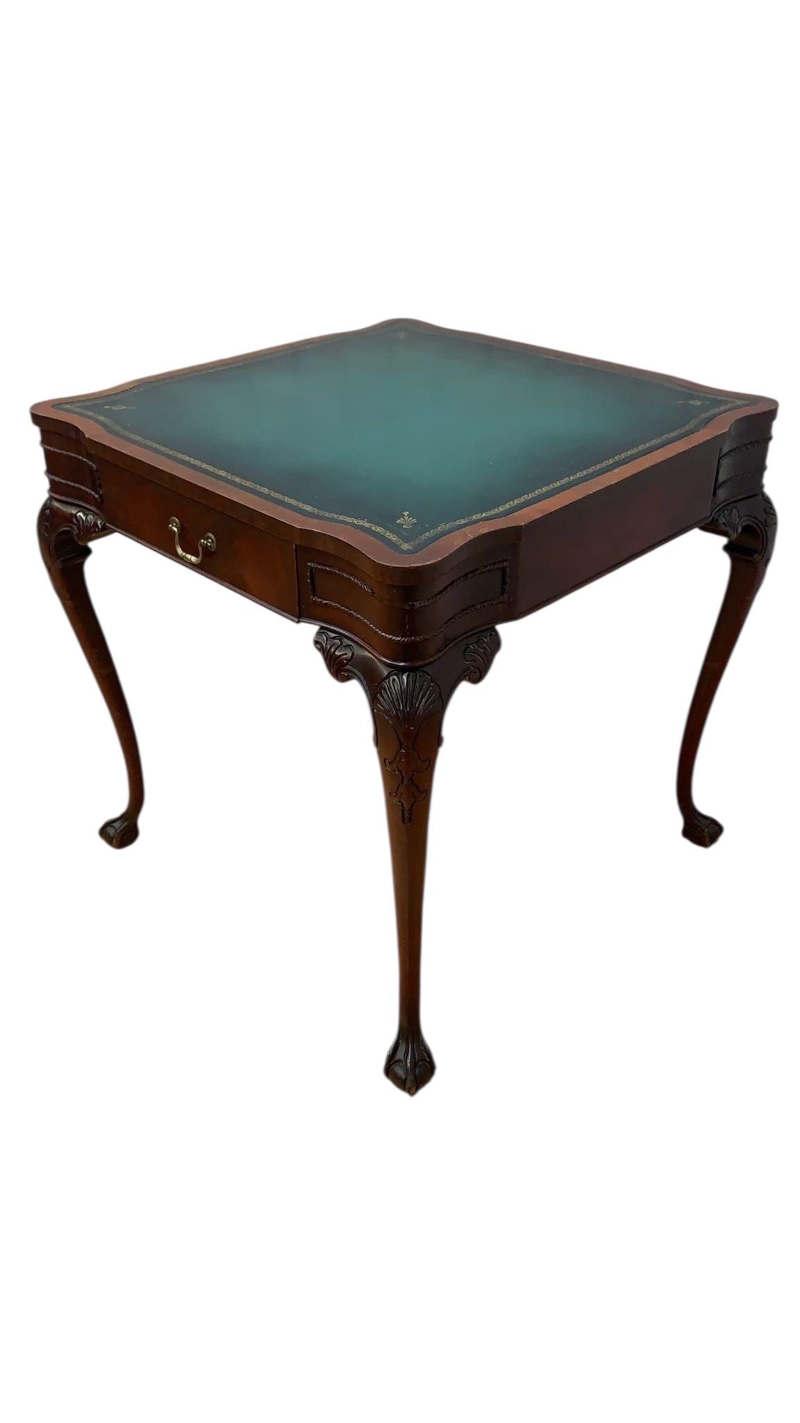 Vintage Chippendale Style Carved Mahogany Leather Top Game Table - 2