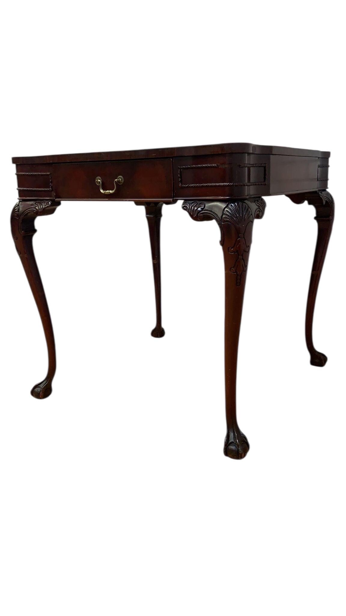 Vintage Chippendale Style Carved Mahogany Leather Top Game Table - 3