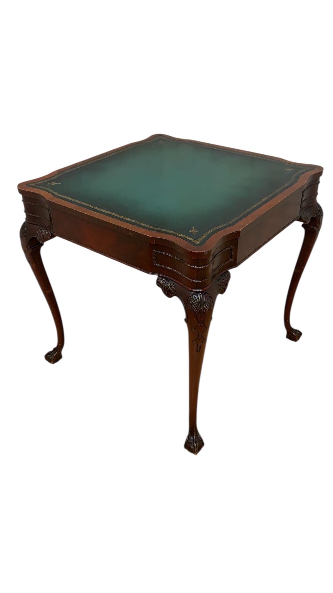 Vintage Chippendale Style Carved Mahogany Leather Top Game Table - 6