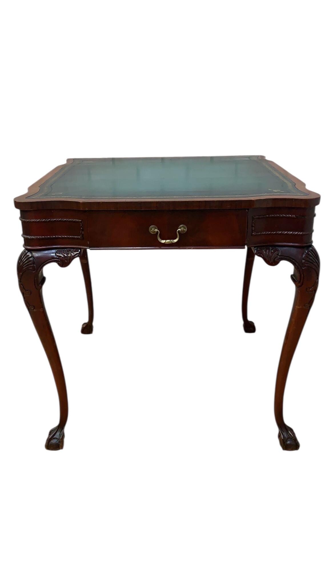Vintage Chippendale Style Carved Mahogany Leather Top Game Table - 7