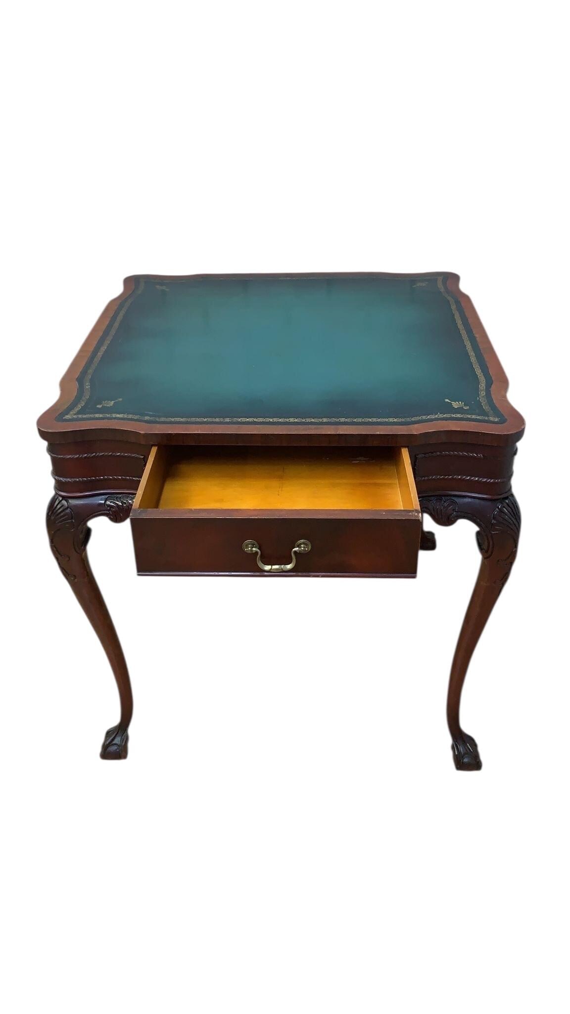 Vintage Chippendale Style Carved Mahogany Leather Top Game Table - 8
