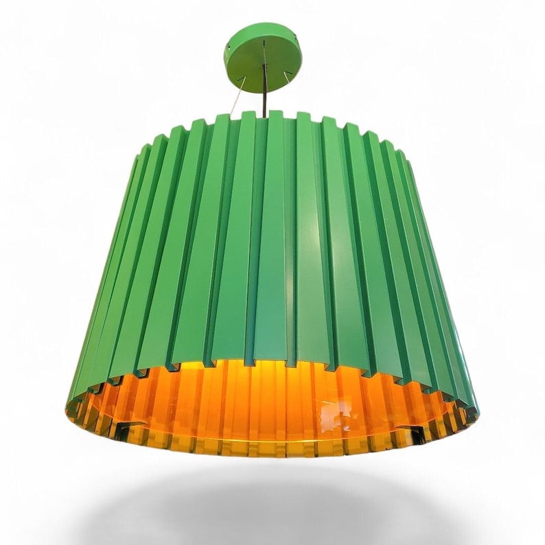 Vintage Industrial Green Ribbed Metal Pendant with Orange Acrylic Shade (1 of 7)
